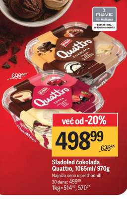 Sladoled čokolada Quattro, 1065ml/970g