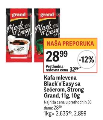 Kafa mlevena Black‘n’Easy sa šećerom, Strong Grand, 11g, 10g