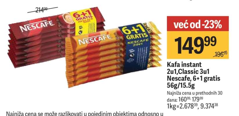 Kafa instant 2u1, Classic 3u1 Nescafe, 6+1 gratis 56g/15.5g