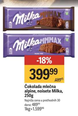 Čokolada mlečna alpine, noisete Milka, 250g