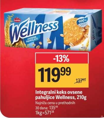 Integralni keks ovsene pahuljice Wellness, 210g