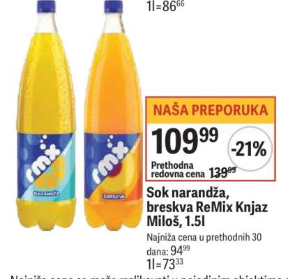 Sok narandža, breskva ReMix Knjaz Miloš, 1.5l