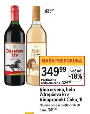 Vino crveno, belo Ždrečeva krv Vinoprodukt Čoka, 1l