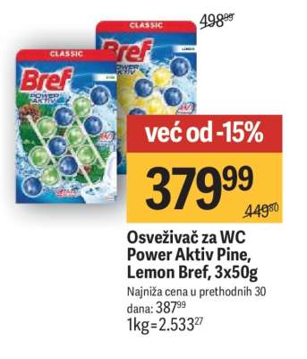 Osveživač za wc Power Aktiv pine lemon Bref 3x50g
