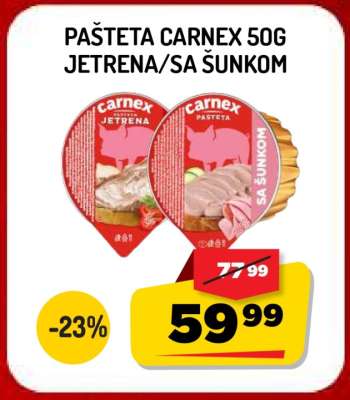 PAŠTETA CARNEX 50G JETRENA/SA ŠUNKOM