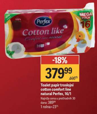 Toalet papir troslojni Cotton Comfort line natural Perfex, 16/1