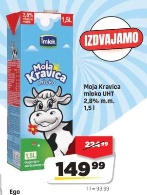 Moja Kravica mleko UHT 2,8% m.m. 1,5 l