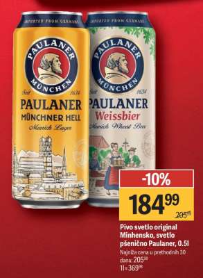 Pivo svetlo original Minhensko, svetlo pšenično Paulaner, 0.5l