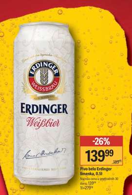 Pivo belo Erdinger limenka, 0,5l