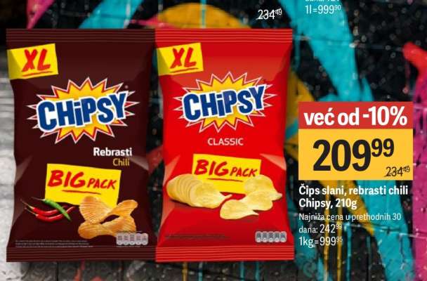 Čips slani, rebrasti chili Chipsy, 210g