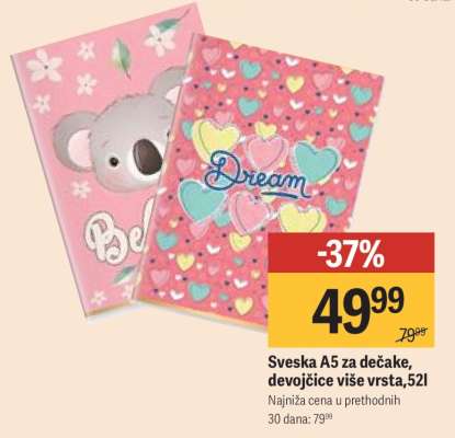 Sveska A5 za dečake, devojčice više vrsta, 52l