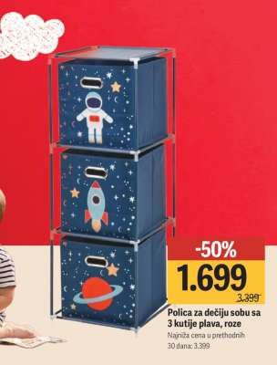 Polica za dečiju sobu sa 3 kutije plava, roze