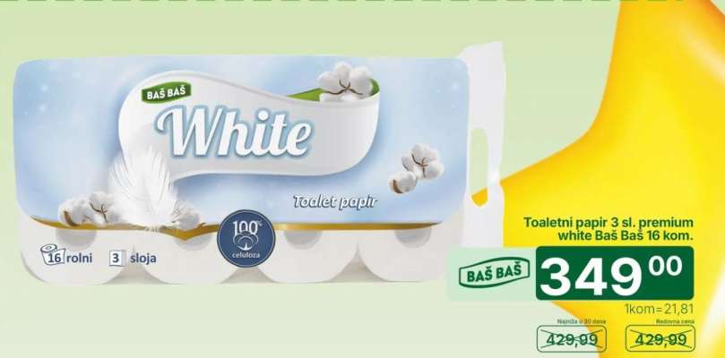 Toaletni papir 3 sl. premium white Baš Baš 16 kom.