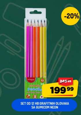 Set od 12 HB grafitnih olovaka sa gumicom neon