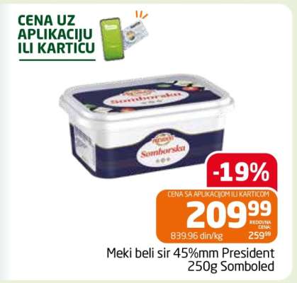 Meki beli sir 45%mm President 250g Somboled