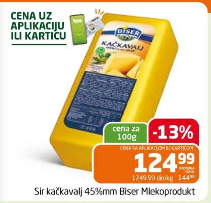 Sir kačkavalj 45%mm Biser Mlekoprodukt