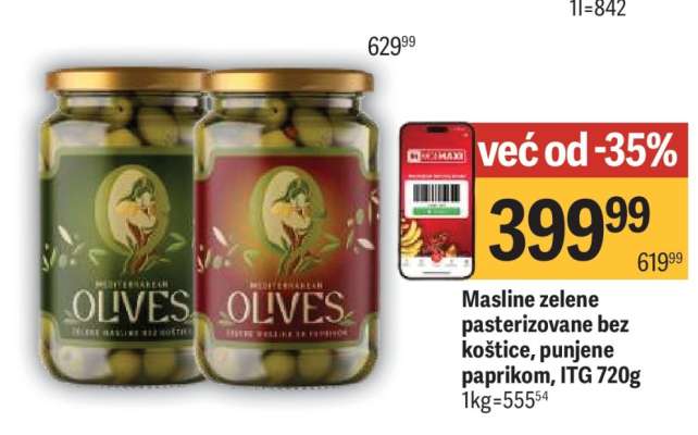 Masline zelene pasterizovane bez koštice, punjene paprikom, ITG 720g