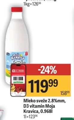 Mleko sveže 2.8% mm D3 vitamin Moja Kravica, 0.968l