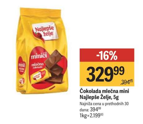 Čokolada mlečna mini Najlepše Želje, 5g
