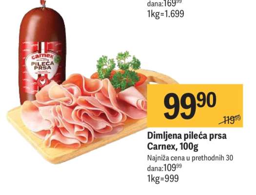 Dimljena pileća prsa Carnex, 100g