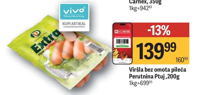 Viršla bez omota pileća Perutnina Ptuj 200g
