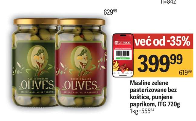 Masline zelene pasterizovane bez koštice, punjene paprikom, ITG 720g