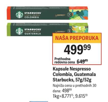 Kapsule Nespresso Colombia, Guatemala Starbucks, 57g/52g