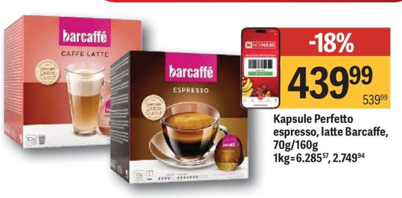 Kapsule Perfetto espresso, latte Barcaffe 70g/160g