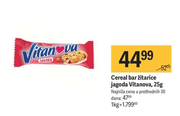 Cereal bar žitarice jagoda Vitanova 25g