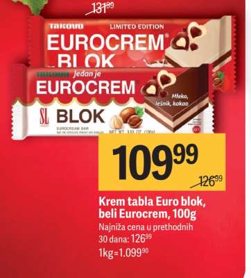 Krem tabla Euro blok, beli Eurocrem, 100g