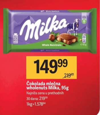 Čokolada mlečna wholenuts Milka, 95g