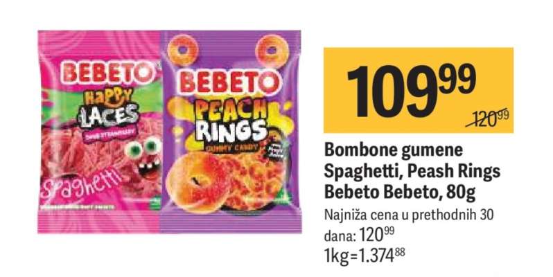 Bombone gumene Spaghetti, Peash Rings Bebeto Bebeto, 80g