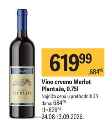 Vino crveno Merlot Plantaže, 0,75l