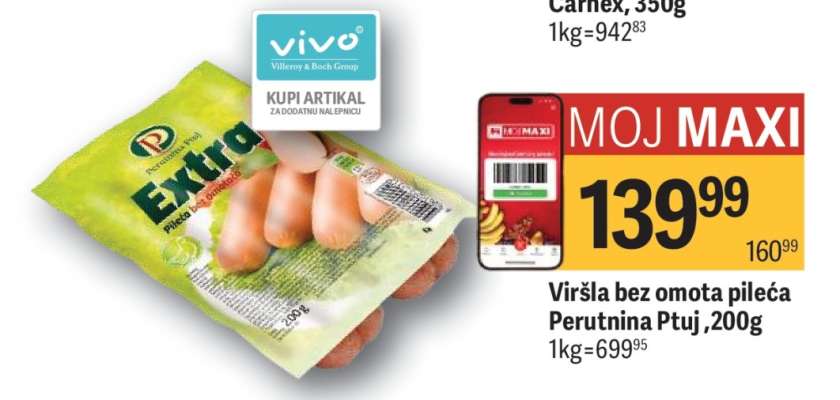 Viršla bez omota pileća Perutnina Ptuj 200g
