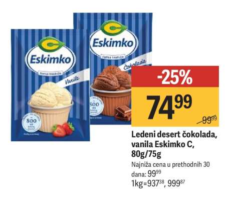 Ledeni desert čokolada, vanila Eskimko C, 80g/75g