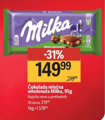 Čokolada mlečna wholenuts Milka, 95g