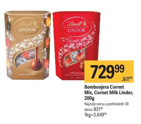 Bombonjera Cornet Mix, Cornet Milk Lindor, 200g