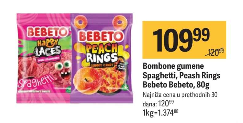 Bombone gumene Spaghetti, Peash Rings Bebeto Bebeto, 80g