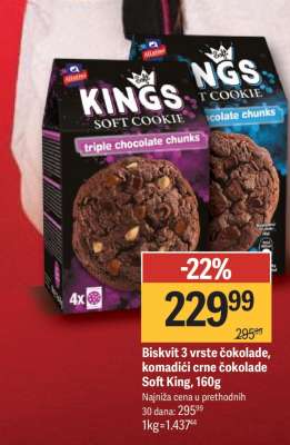 Biskvit 3 vrste čokolade komadići crne čokolade Soft King 160g