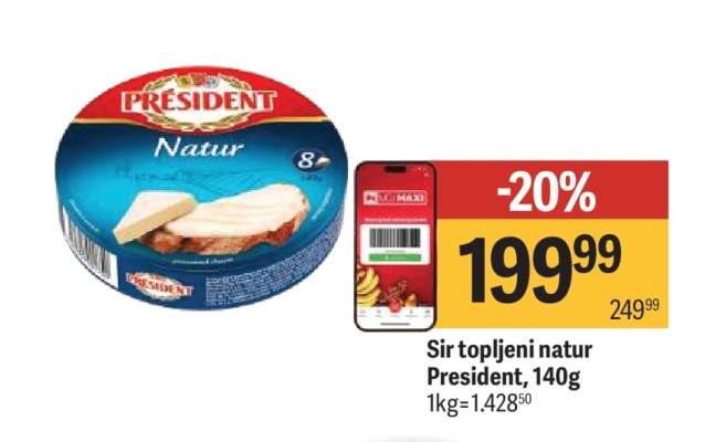 Sir topljeni natur President 140g