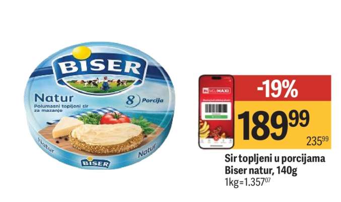 Sir topljeni u porcijama Biser natur 140g
