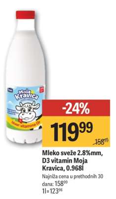 Mleko sveže 2.8% mm D3 vitamin Moja Kravica, 0.968l