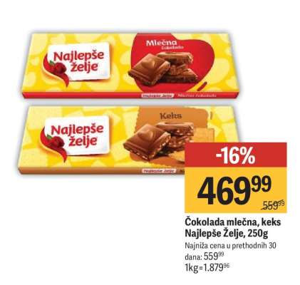 Čokolada mlečna, keks Najlepše Želje, 250g