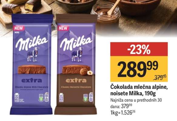 Čokolada mlečna alpine, noisete Milka, 190g