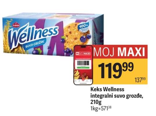 Keks Wellness Integralni suvo grožđe, 210g