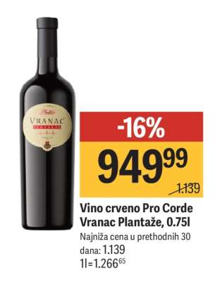 Vino crveno Pro Corde Vranac Plantaže 0.75l