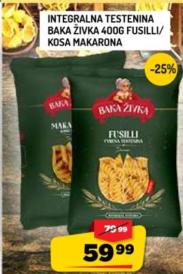 Integralna testenina Baka Živka 400g Fusilli/Kosa Makarona