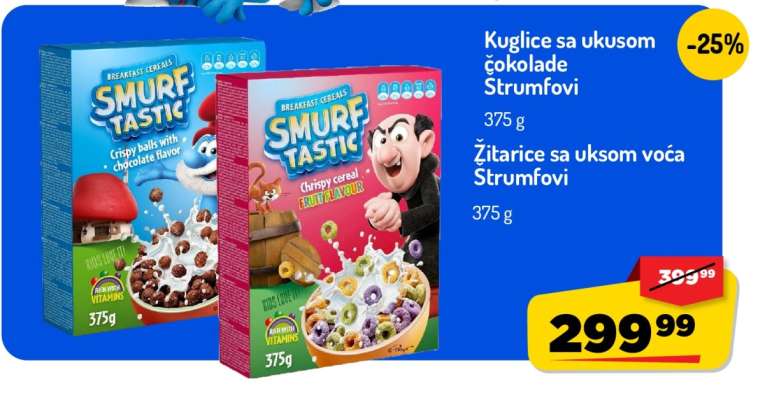 Kuglice sa ukusom čokolade Štrumfovi / Žitarice sa ukusom voća Štrumfovi