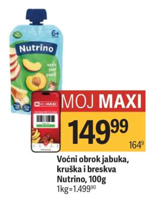 Voćni obrok jabuka, kruška i breskva Nutrino, 100g