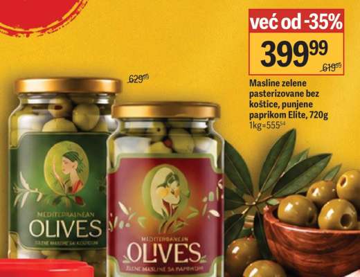 Masline zelene pasterizovane bez koštice, punjene paprikom Elite, 720g